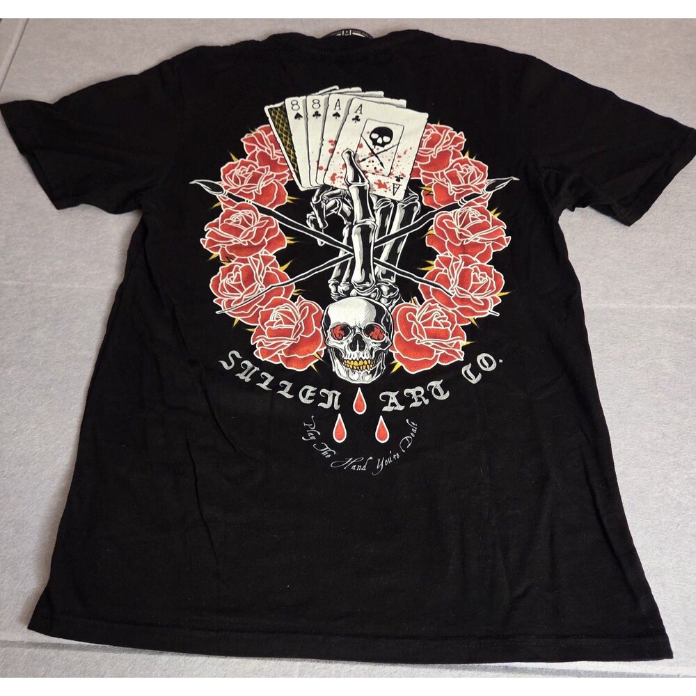 SULLEN Art Collective Death Dealer Tee Black Small Skull Cards Roses NWT